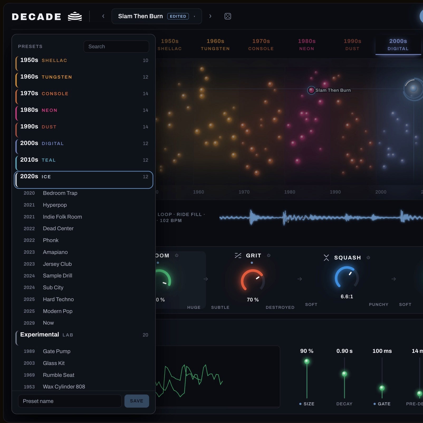 The Decade preset browser — one folder per decade plus an experimental lab
